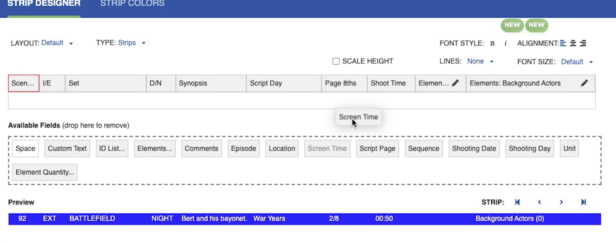 Drag and drop fields to customize strips