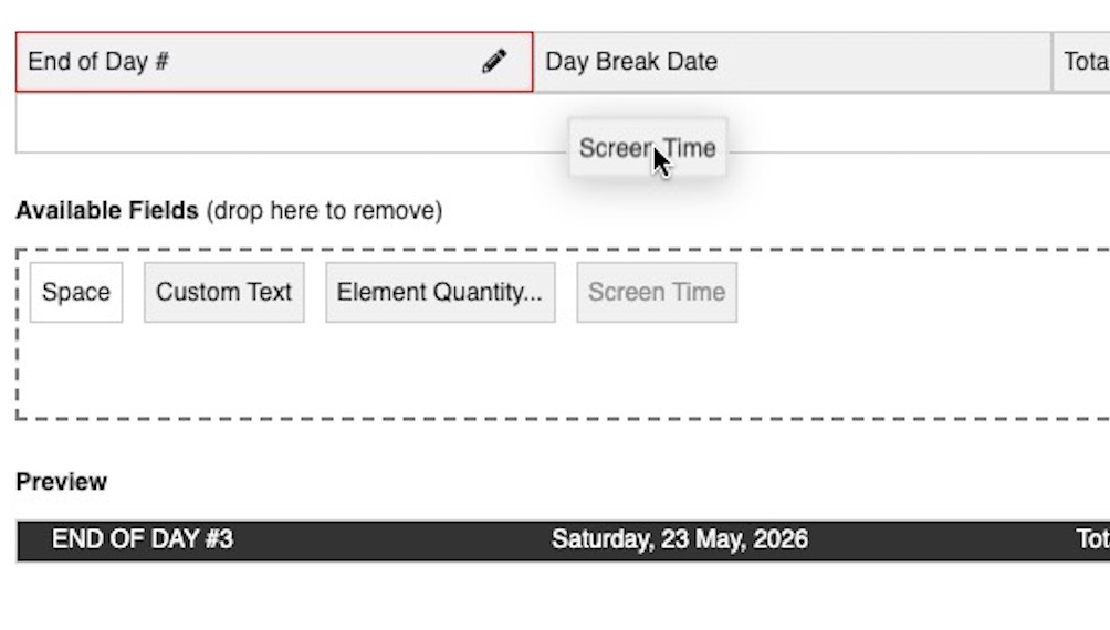 Day Breaks drag and drop fields