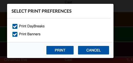 Print dialog with Day Breaks and Banners options