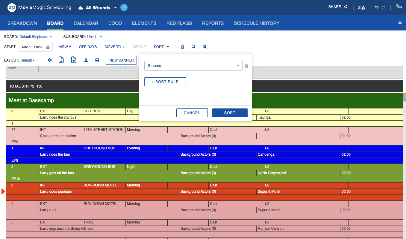 Board sort options with Episode selected and Strips regrouping by episode