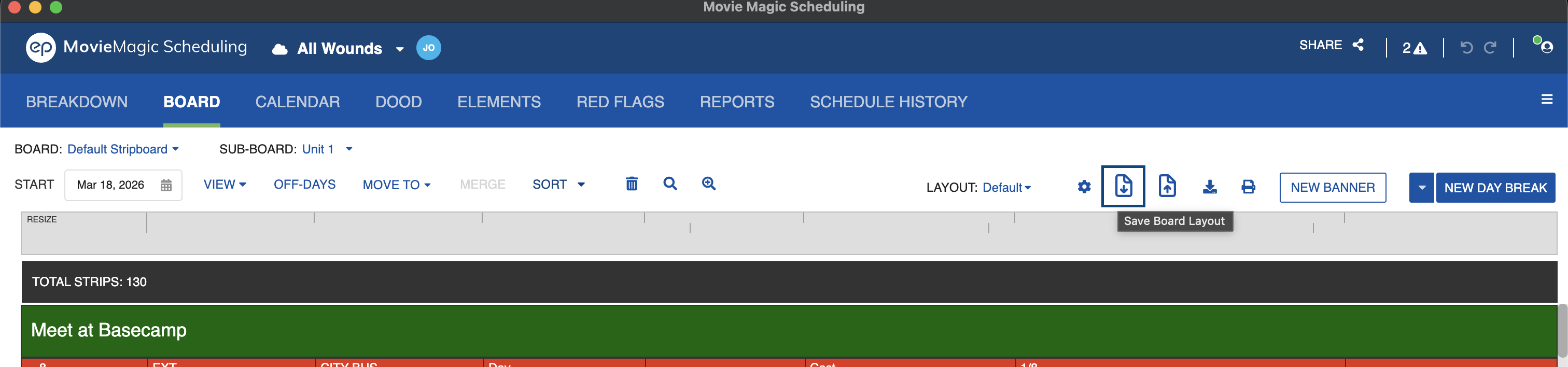 Board toolbar with the Save Board Layout icon highlighted to the right of the LAYOUT dropdown