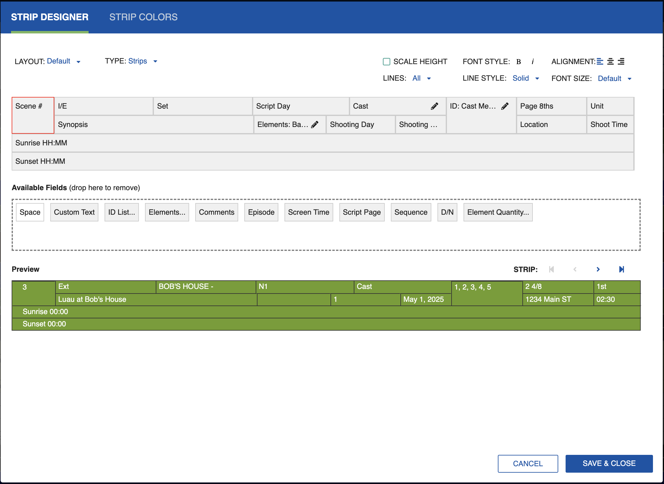 Day Break with four rows of fields configured