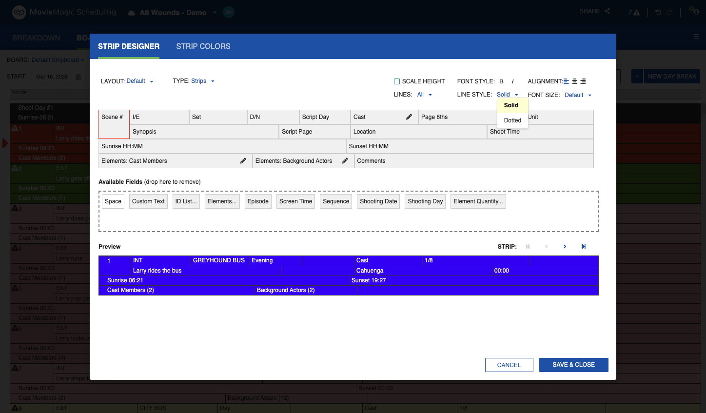 Strip Designer with the LINE STYLE dropdown open