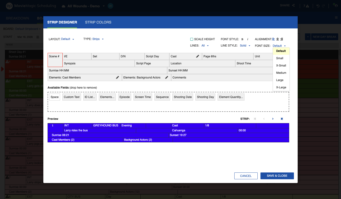 Strip Designer with the FONT SIZE dropdown open