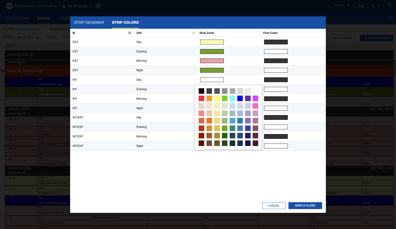 Strip Designer STRIP COLORS tab with the font color picker open