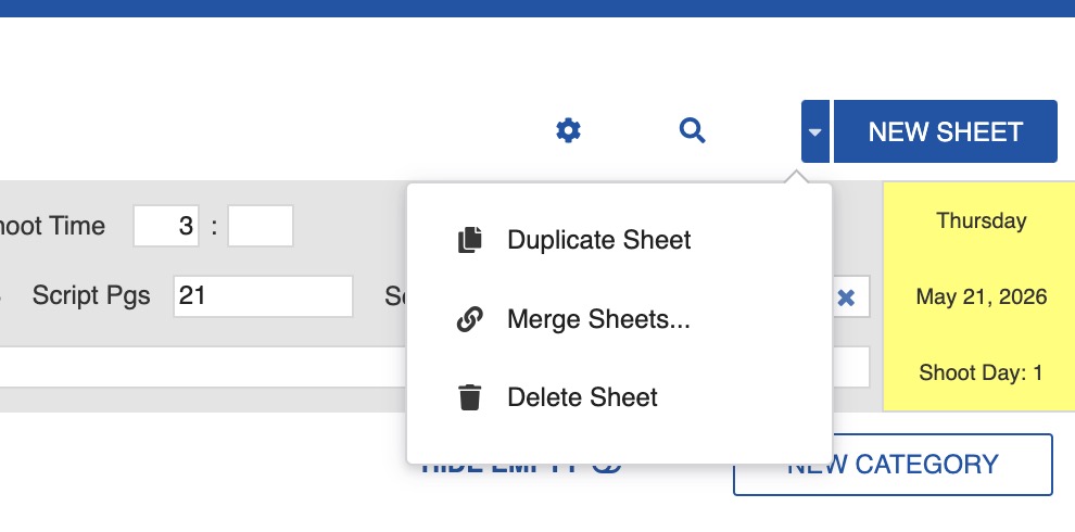 New Sheet dropdown