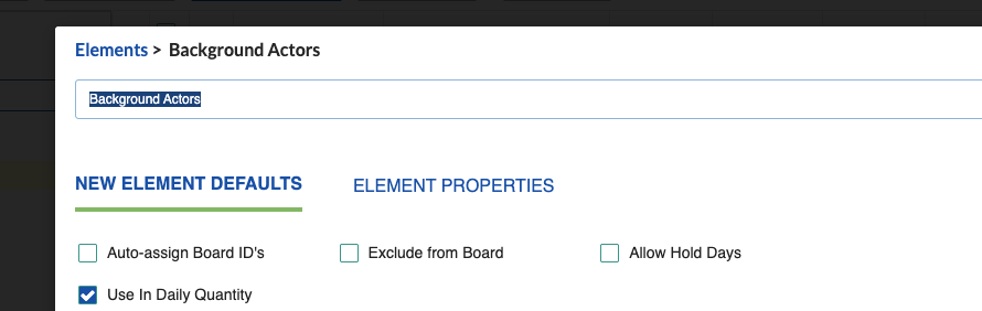 Category Edit screen with the Use in Daily Quantity checkbox in the New Element Defaults tab