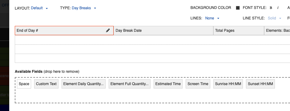 Board Strip Designer Available Fields panel showing Element Daily Quantity and Element Full Quantity
