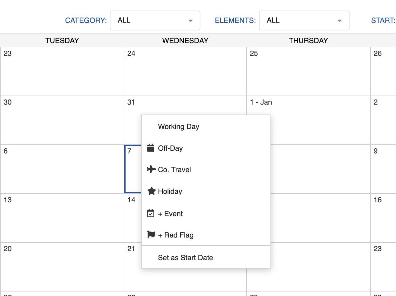 Right-click Day option menu
