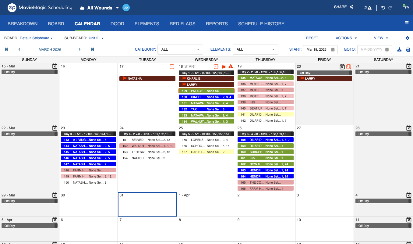 Estimated Time on in the Calendar VIEW menu, with the duration on each shooting day