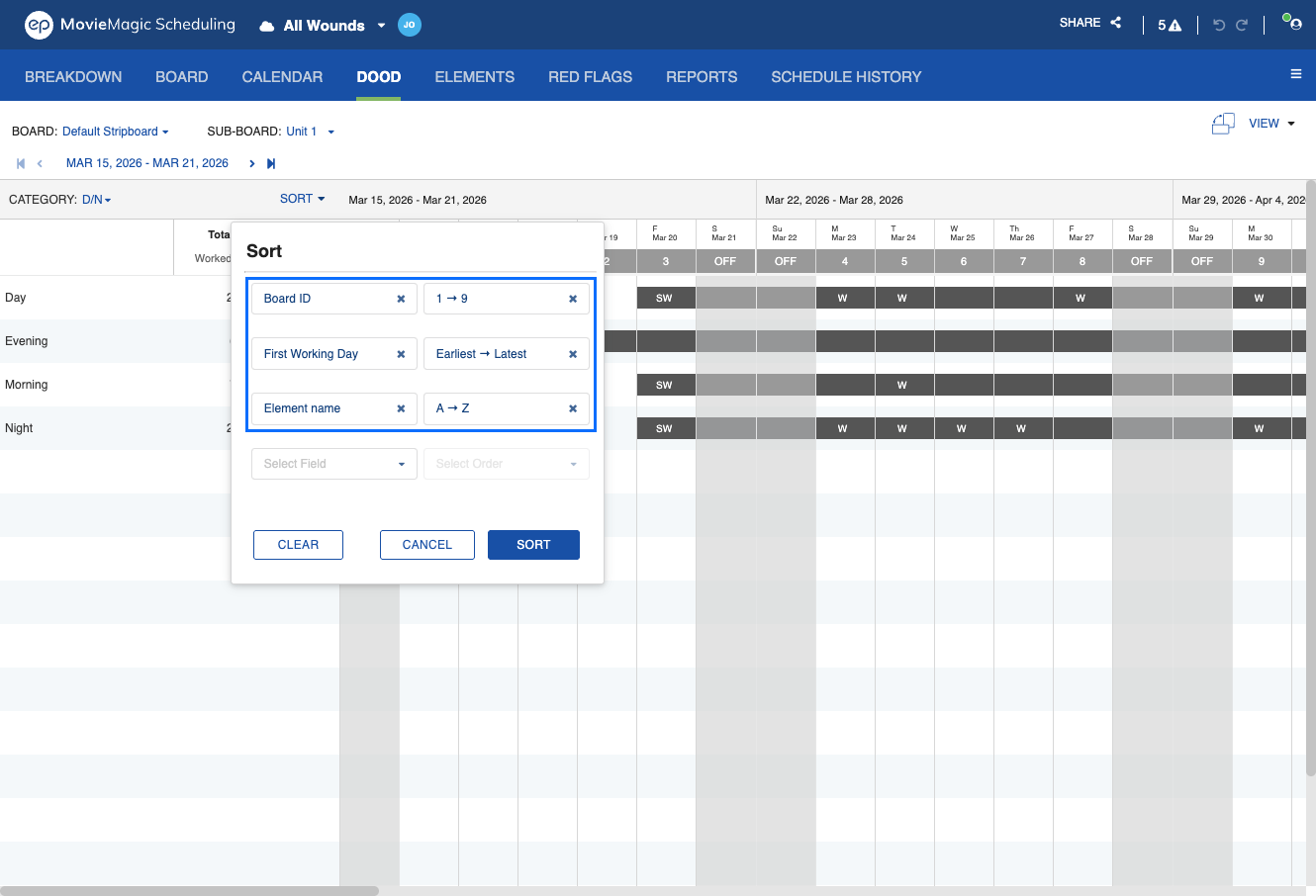 Sort dialog with three rules set: Board ID 1 to 9, First Working Day earliest to latest, and Element name A to Z