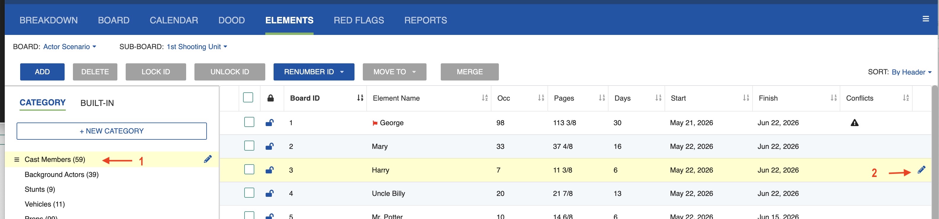 Element list with edit icon