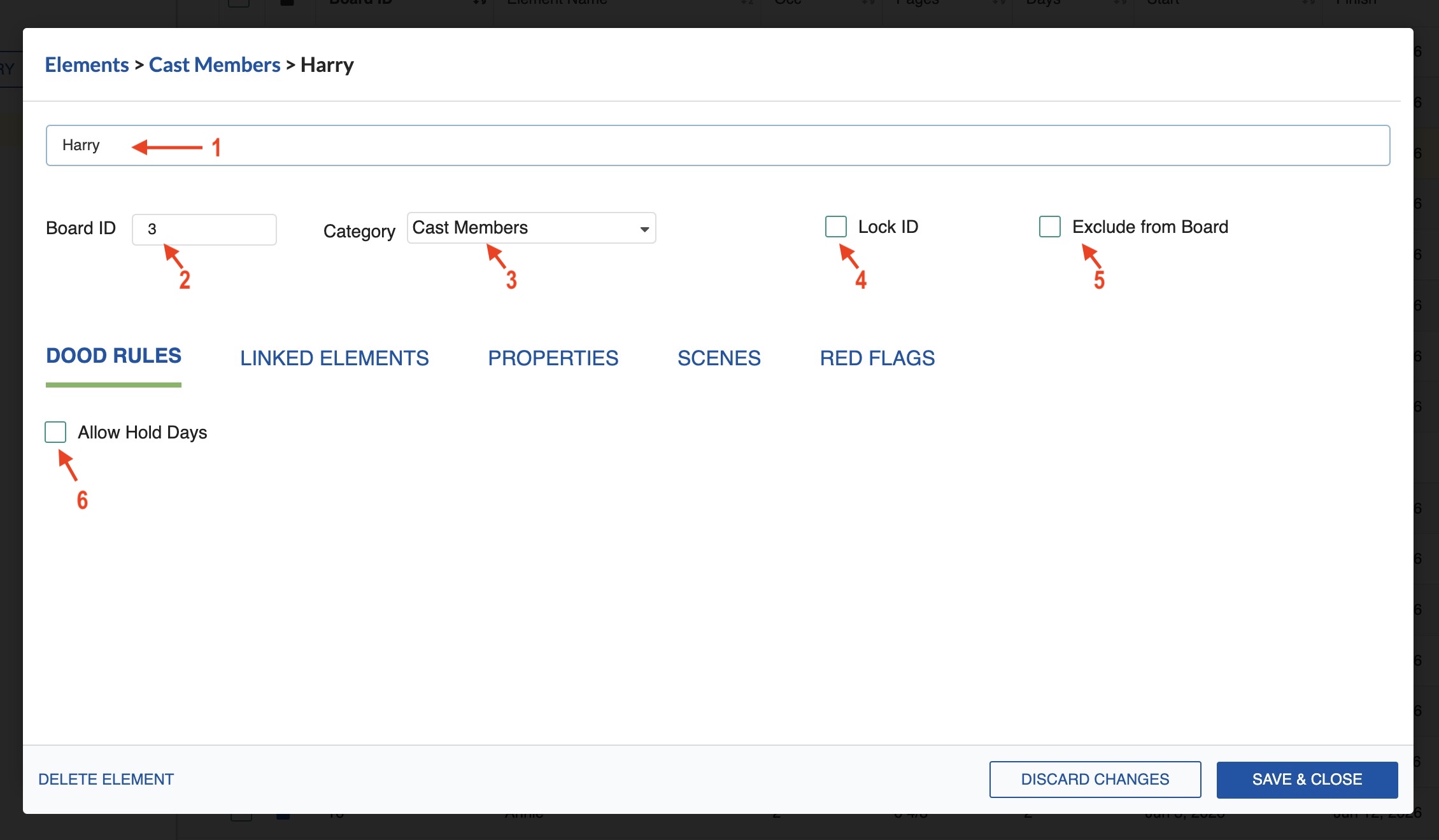 Element edit window DOOD tab