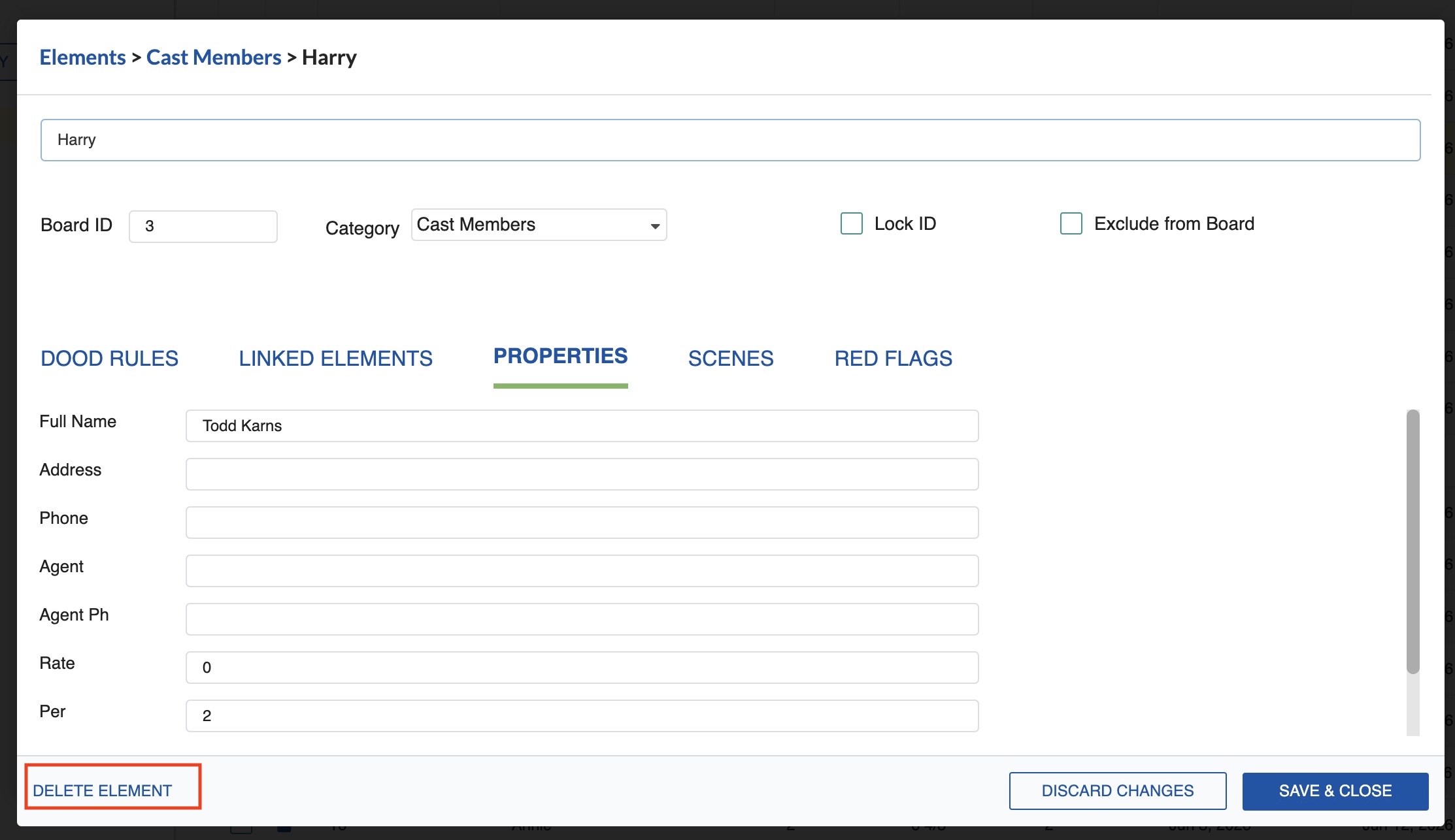 Delete Element button