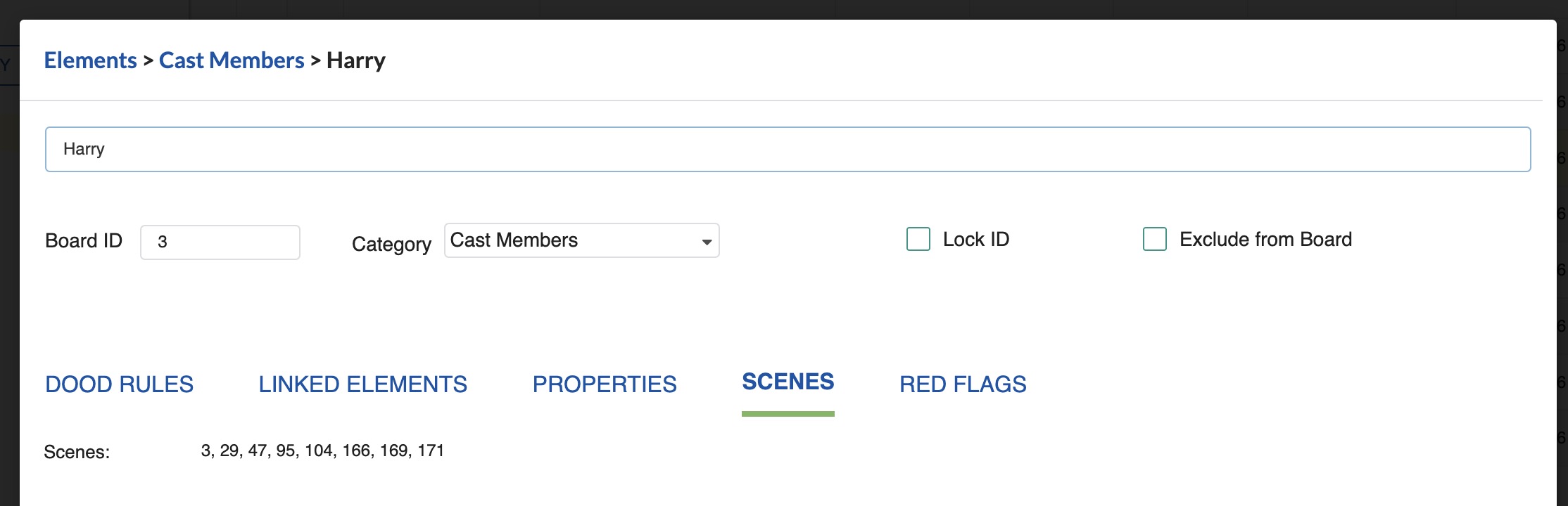 Scene Tab in Element window