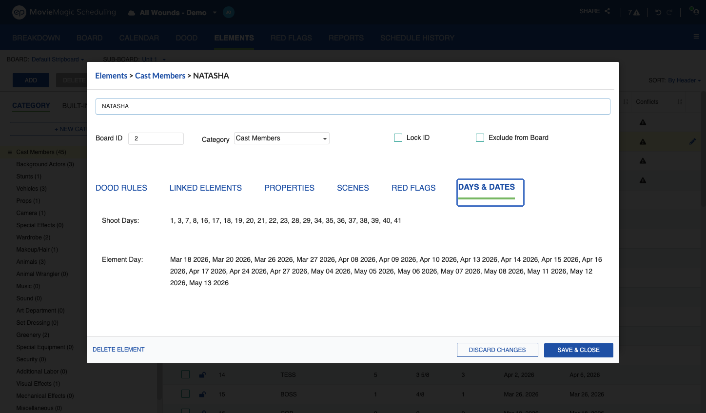 Edit Element modal with the Days & Dates tab selected