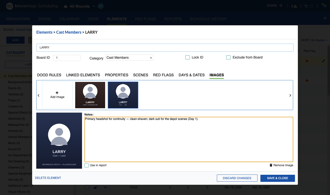 Element Edit dialog with the IMAGES tab, two added images, and a note under one