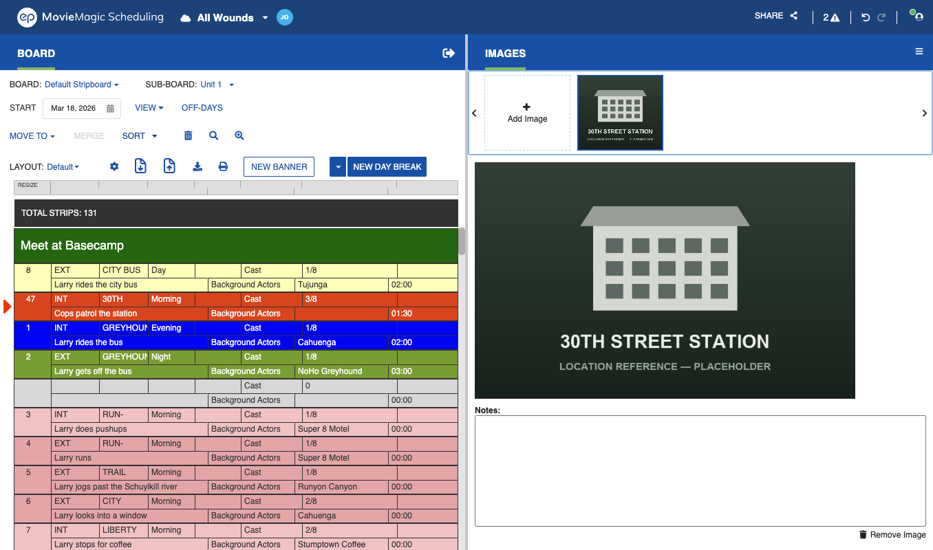 Board / Images split screen with a Strip selected and a location photo added to that scene