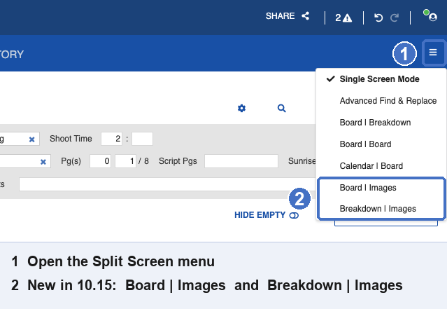 Split Screen menu with the new Board / Images and Breakdown / Images options