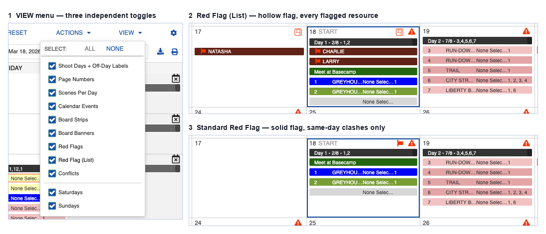 Calendar showing the Red Flag (List) view and the standard Red Flag view