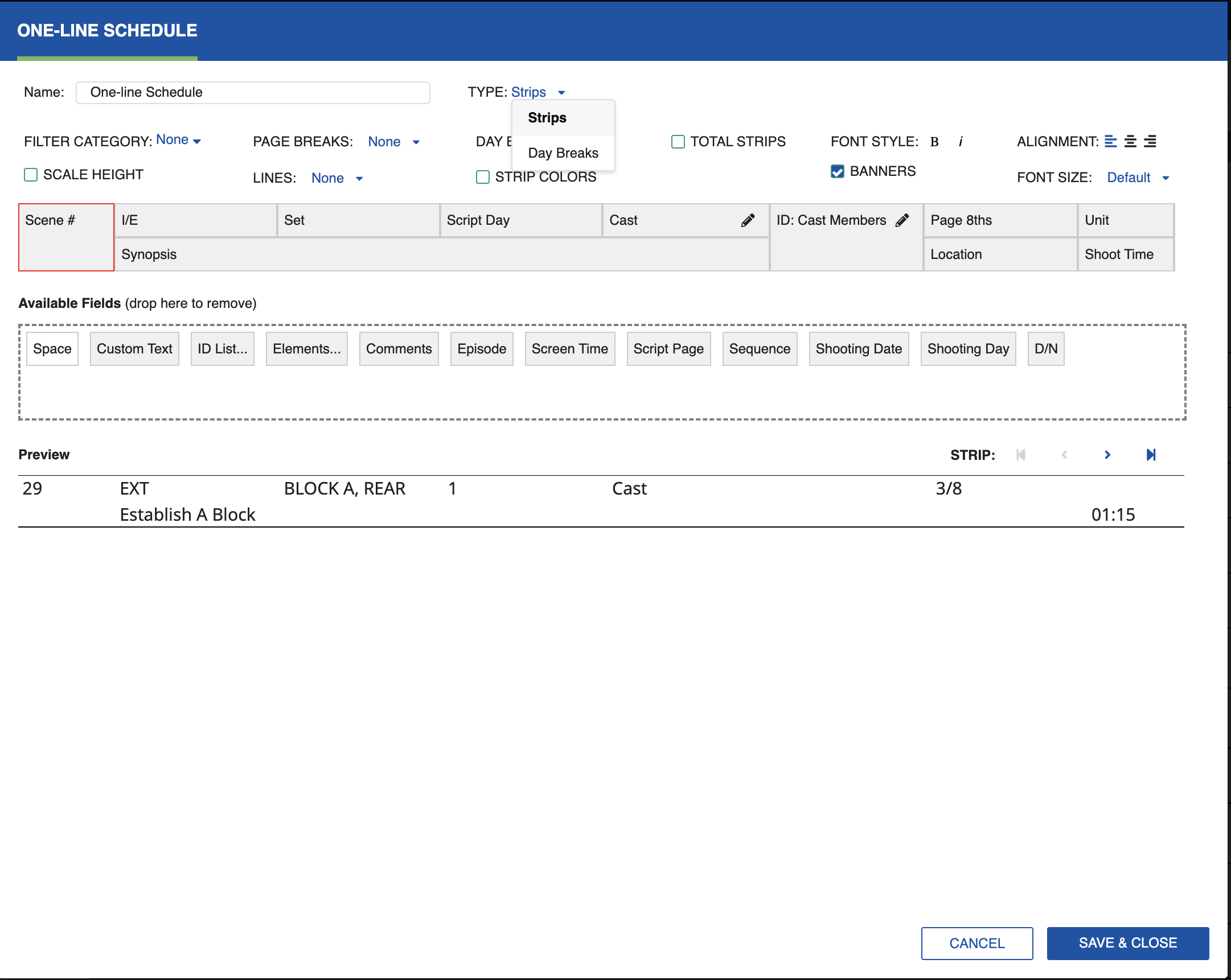 Strips editing fields in the settings dialog