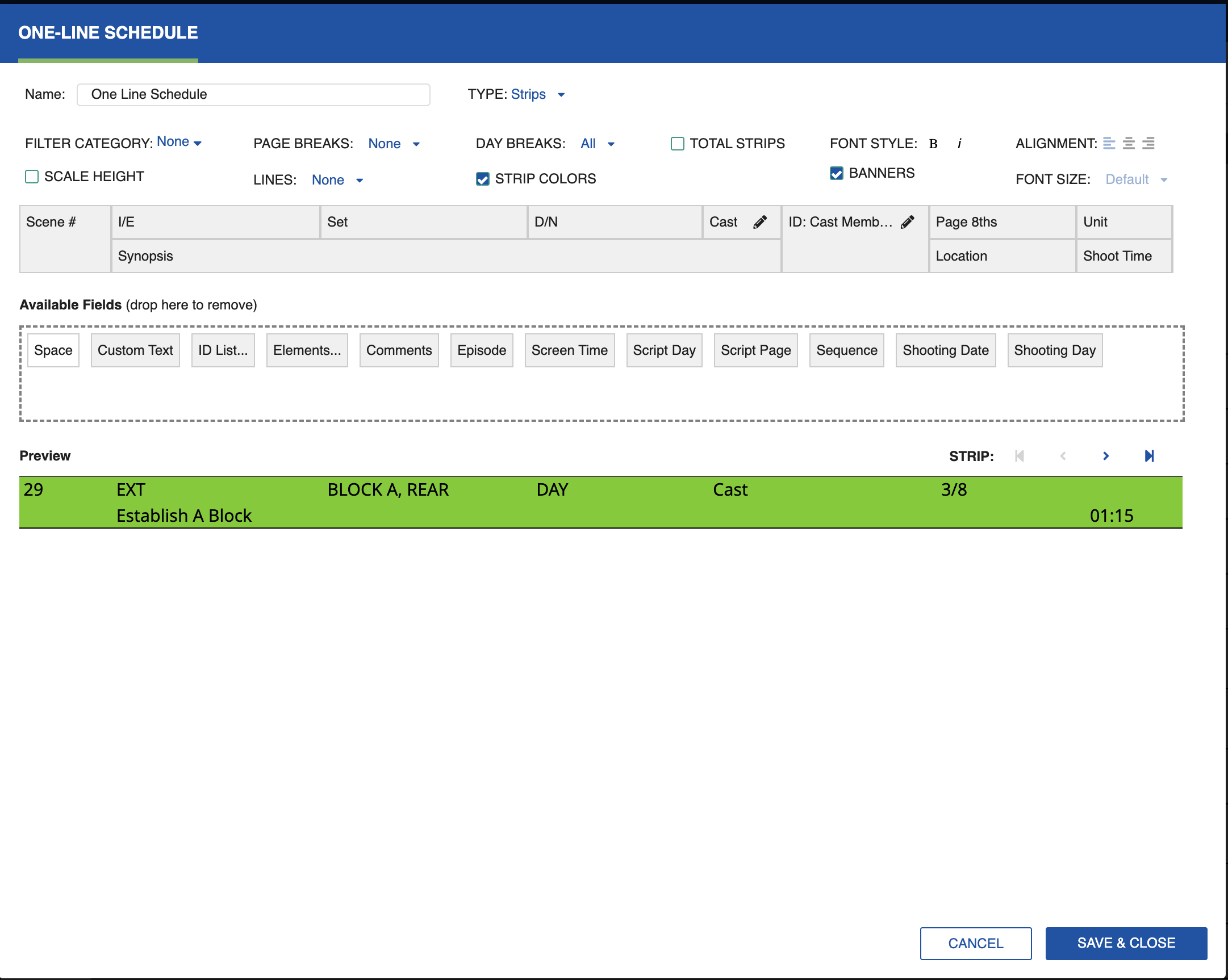 Drag and drop fields to design strips