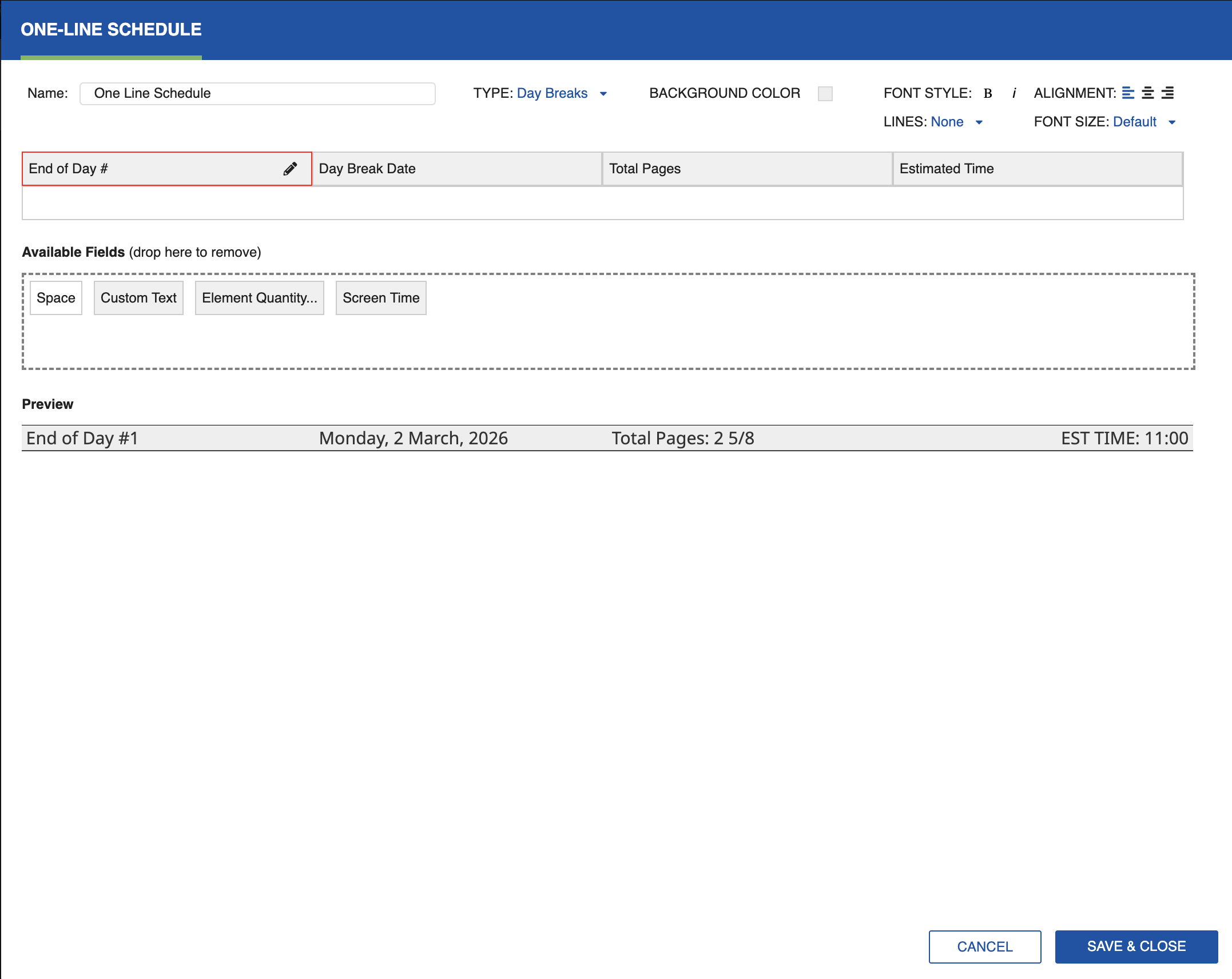 Day Breaks settings dialog