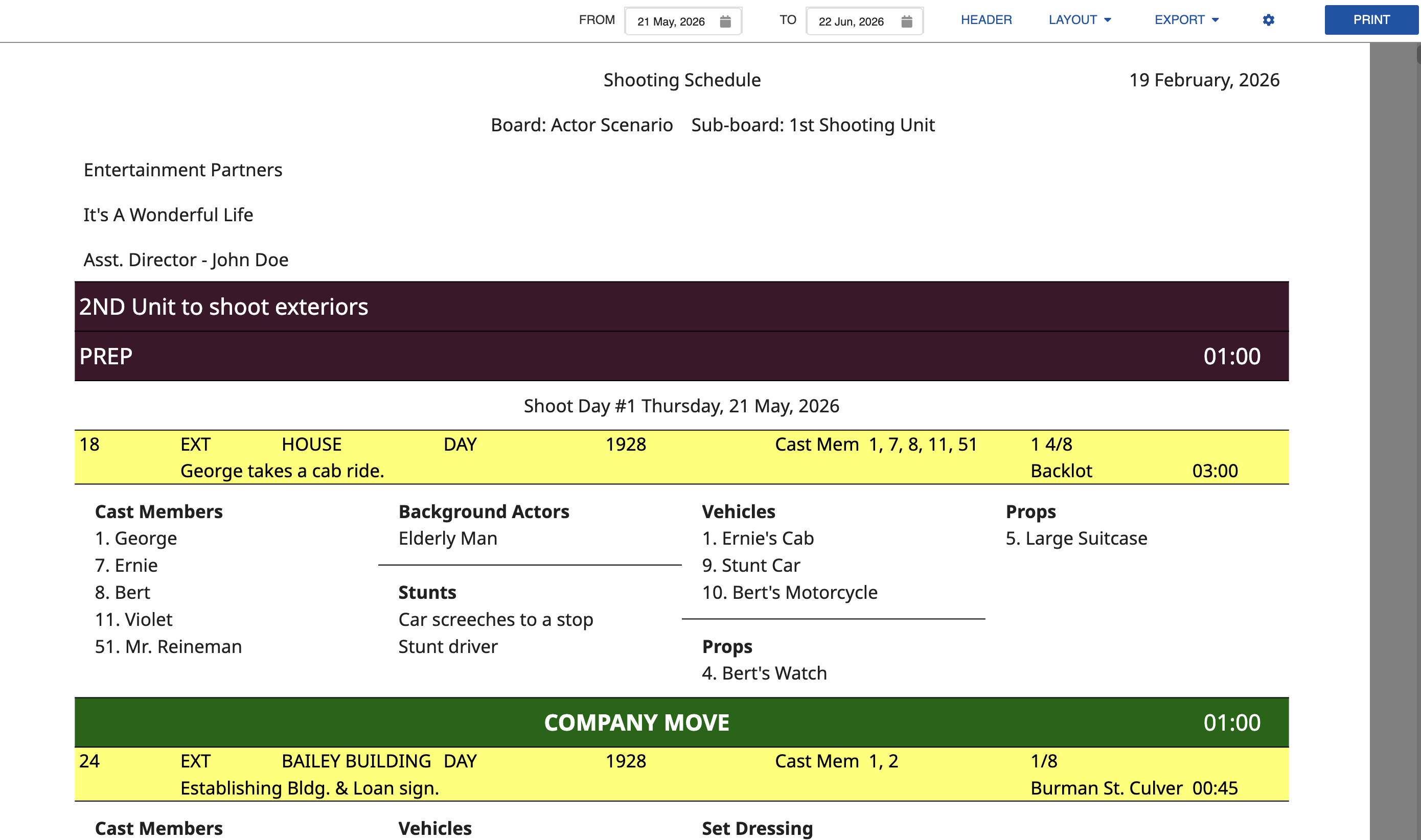 Categories selection for Shooting Schedule