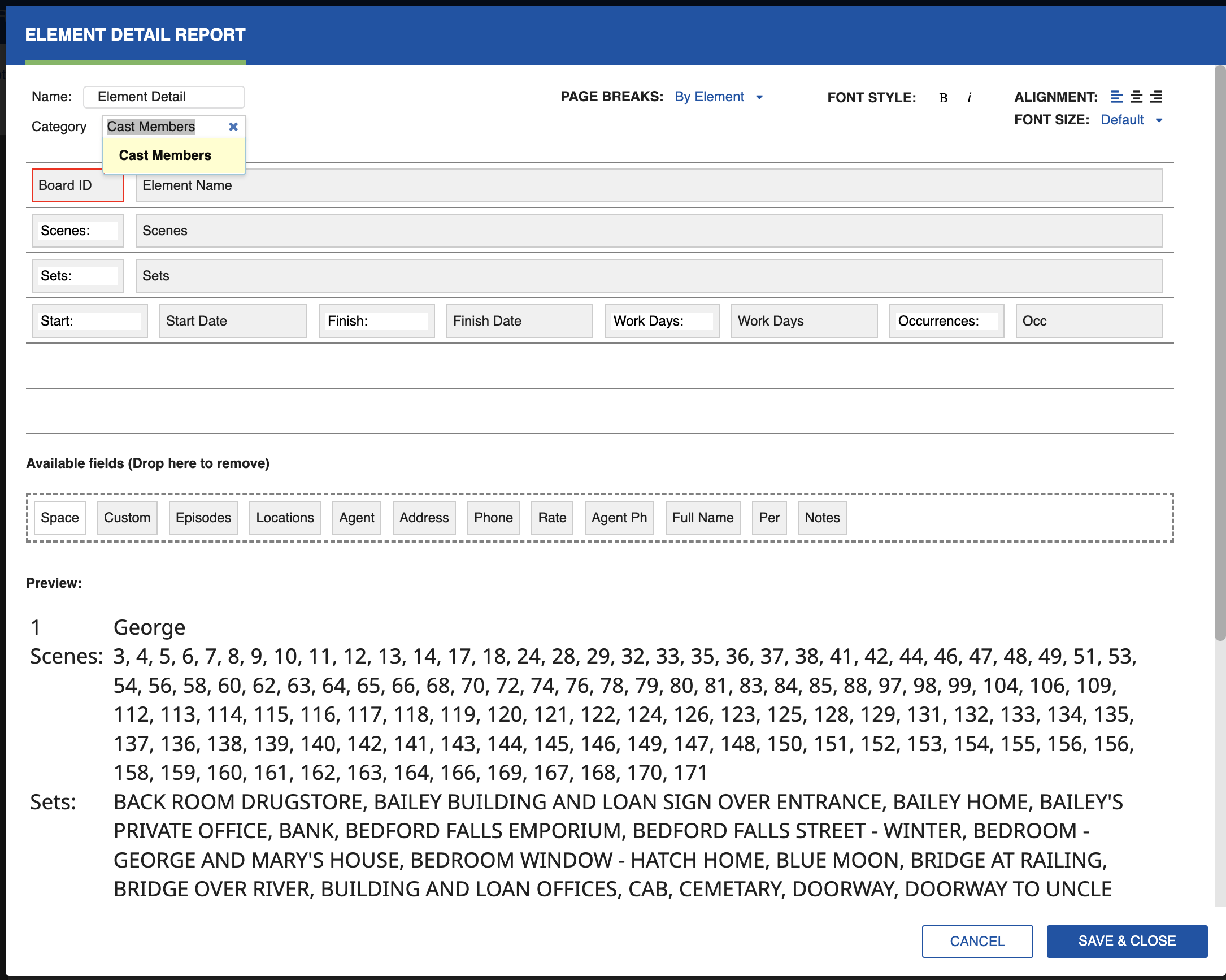 Element Detail settings dialog
