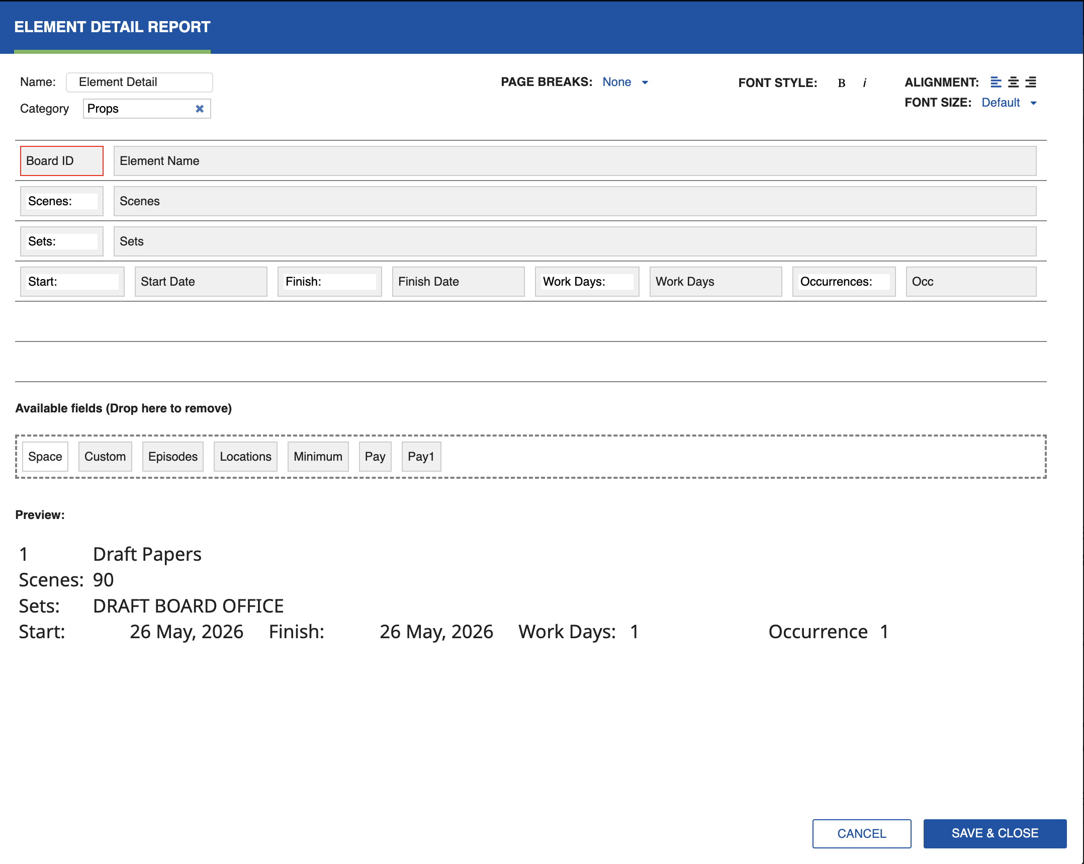 Element Detail category fields dialog