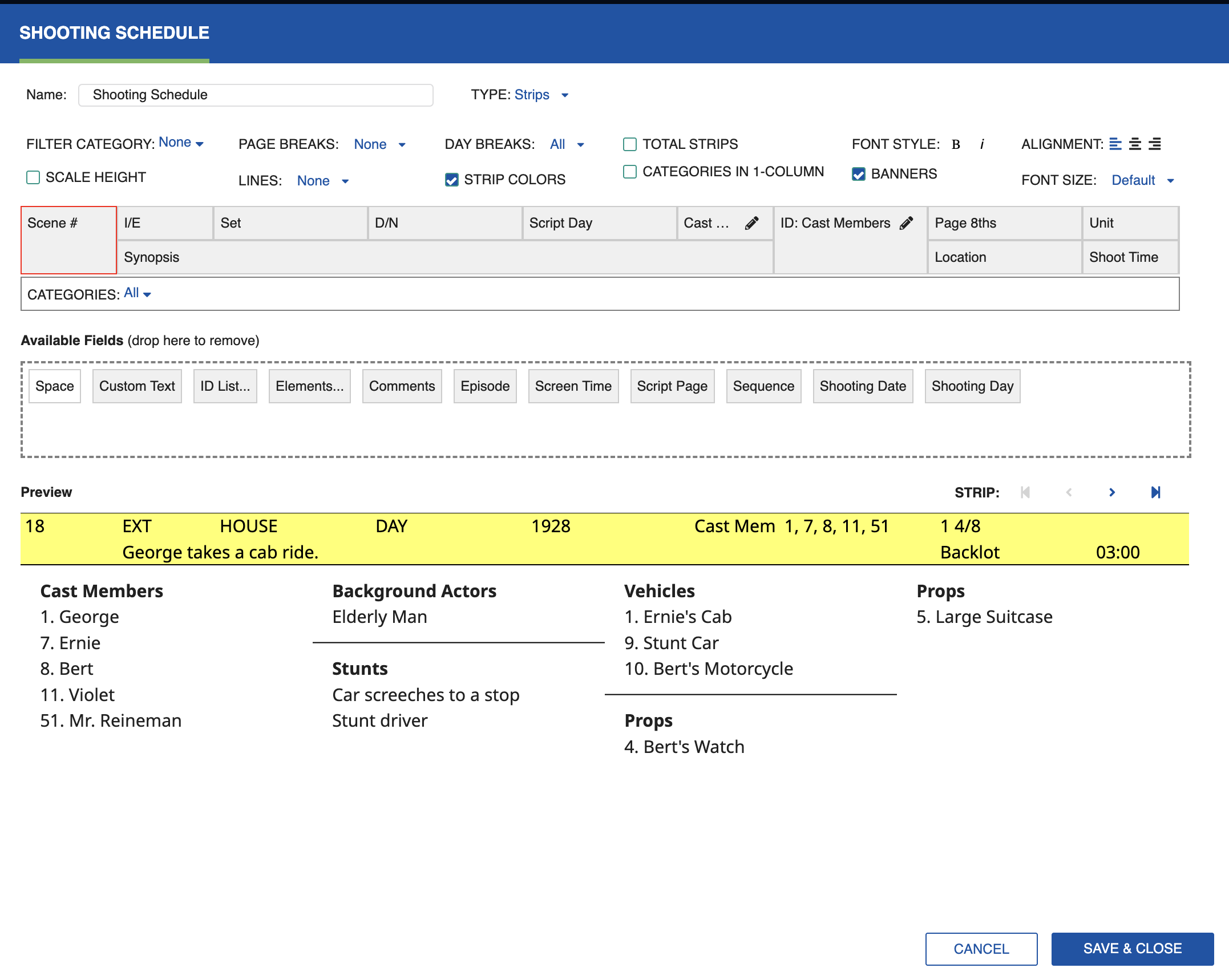 Shooting Schedule settings dialog