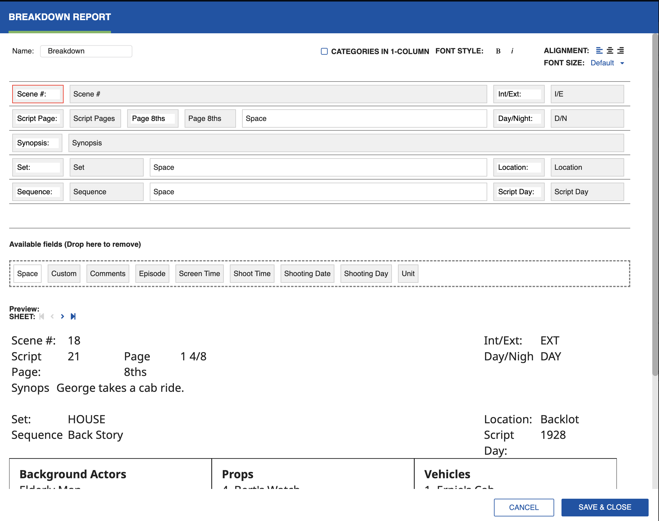 Breakdown Report settings dialog