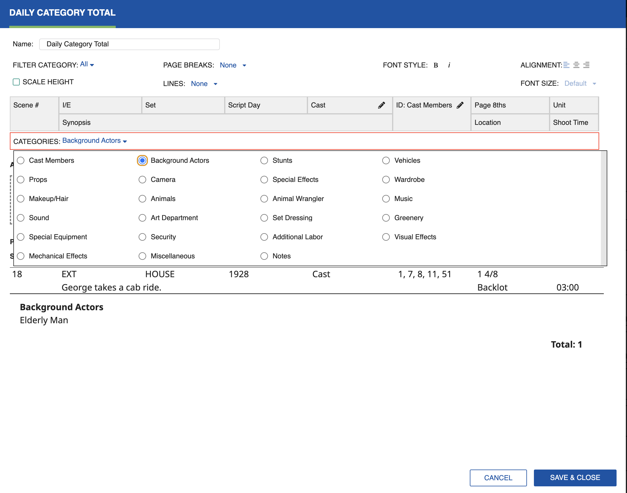 Daily Category Total settings dialog