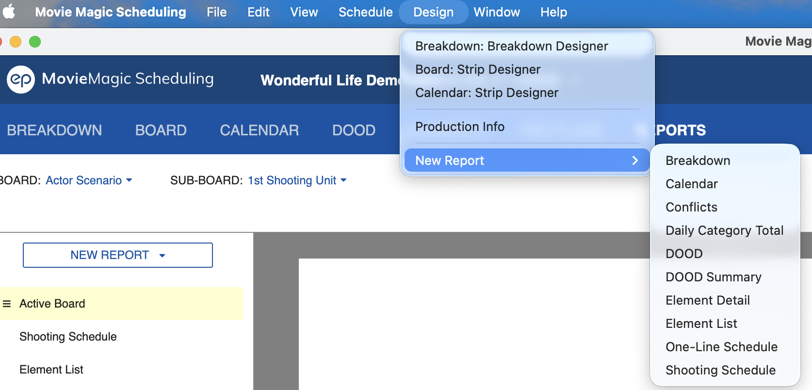Design menu New Report option