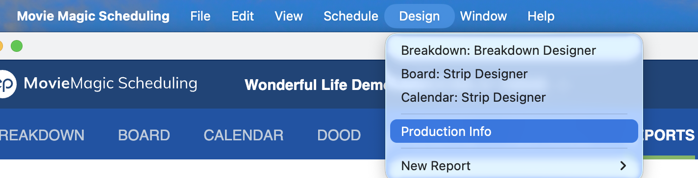 Design menu Production Info option