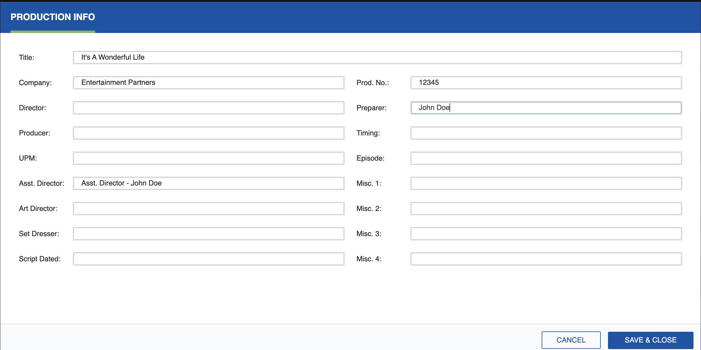Production Info dialog