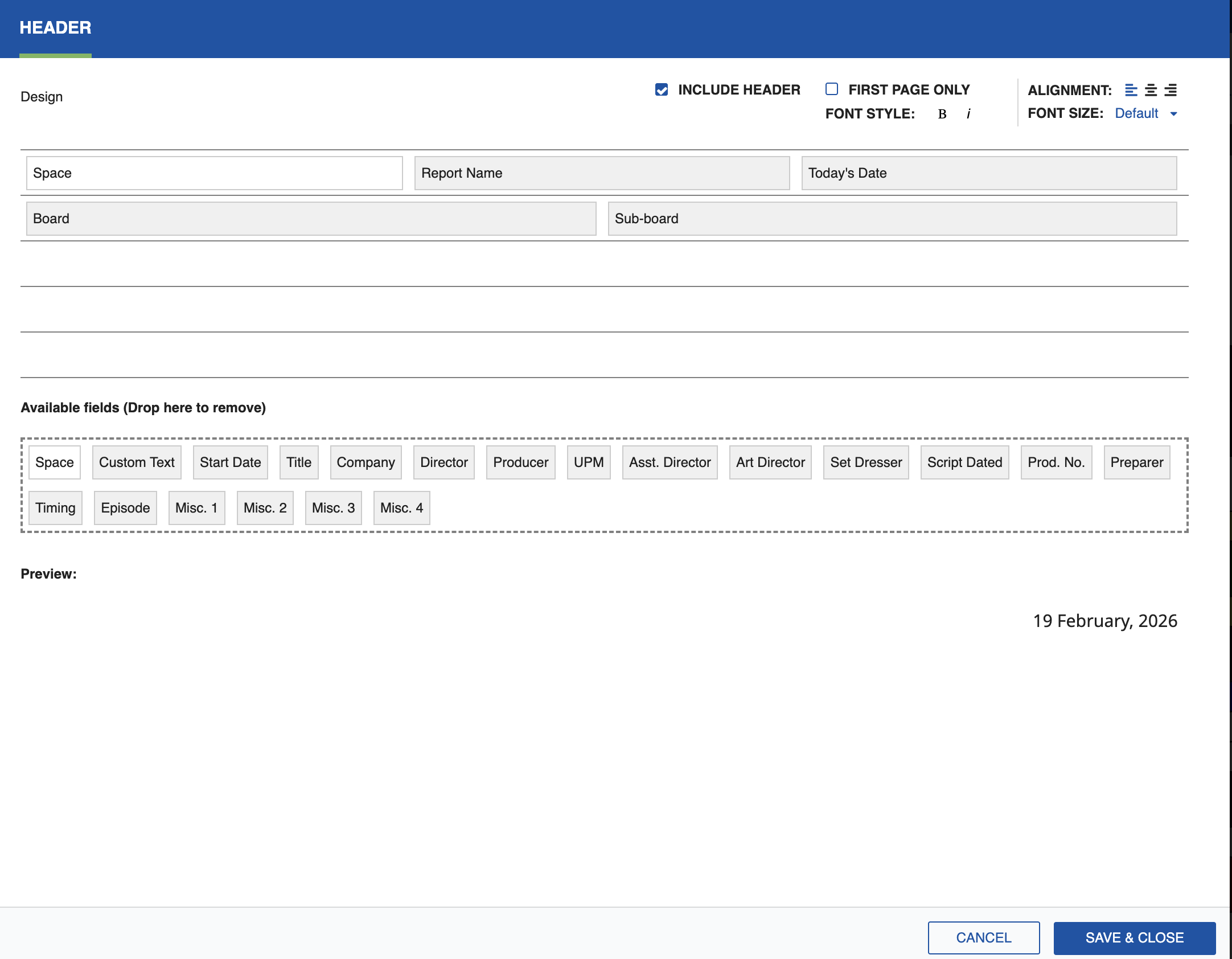 Header design dialog