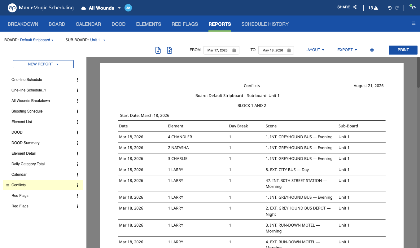 Conflict report generated from the Reports tab, showing one row per conflicting Strip