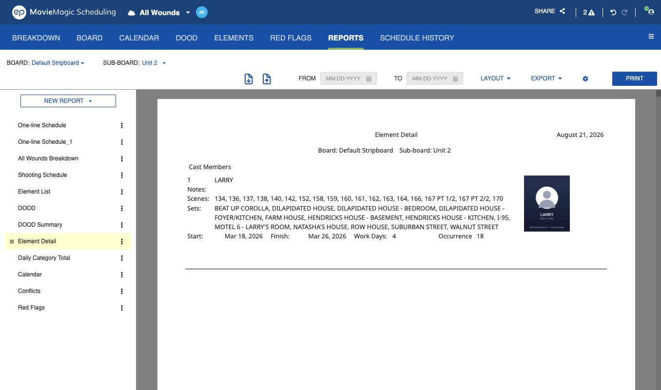 Element Detail report designer with Insert image on and the preview showing images beside the Element text