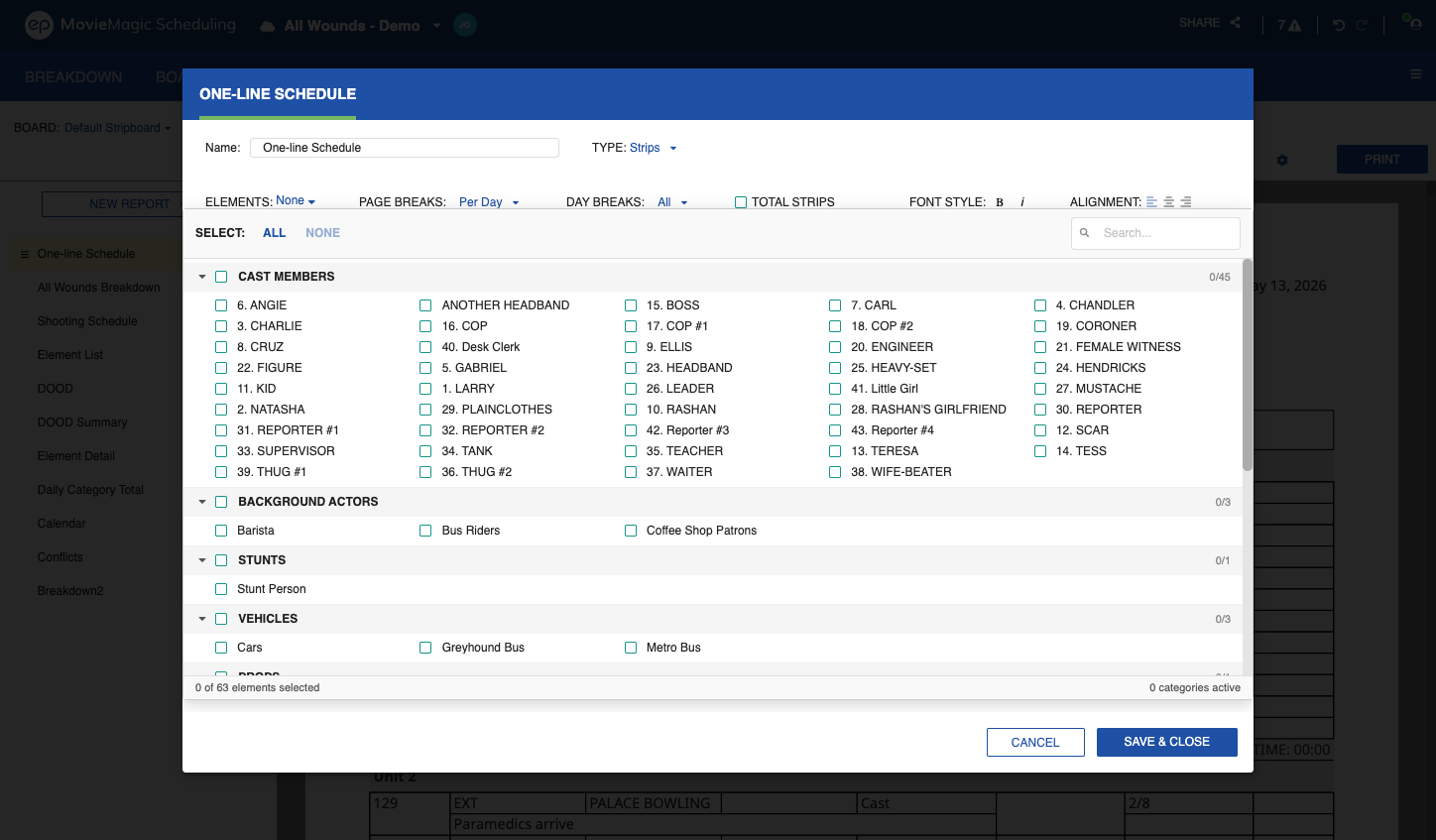 Element filter accordion in the Report Settings