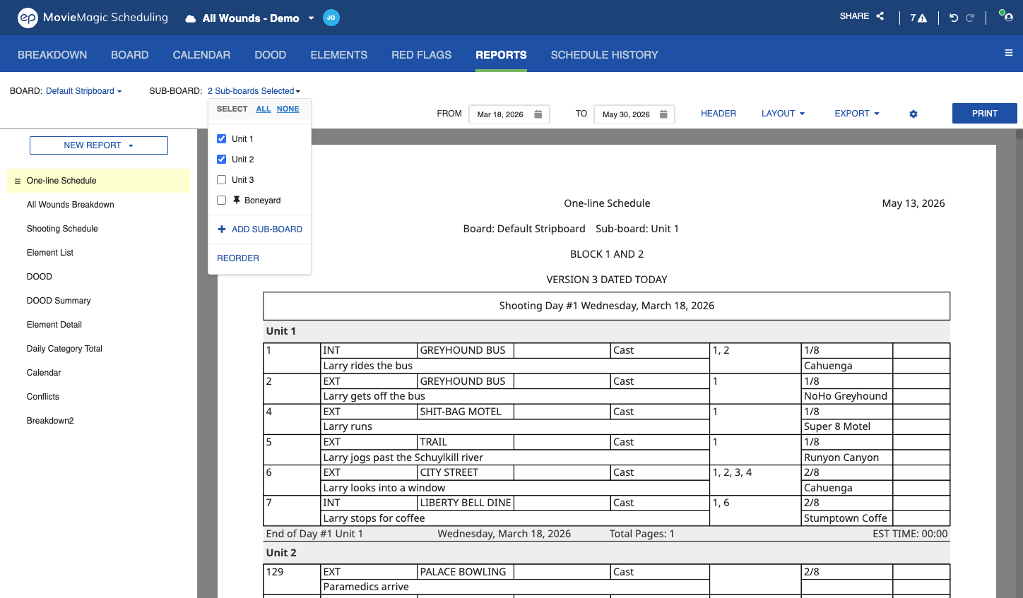 Sub-Board picker on the One-line Schedule export