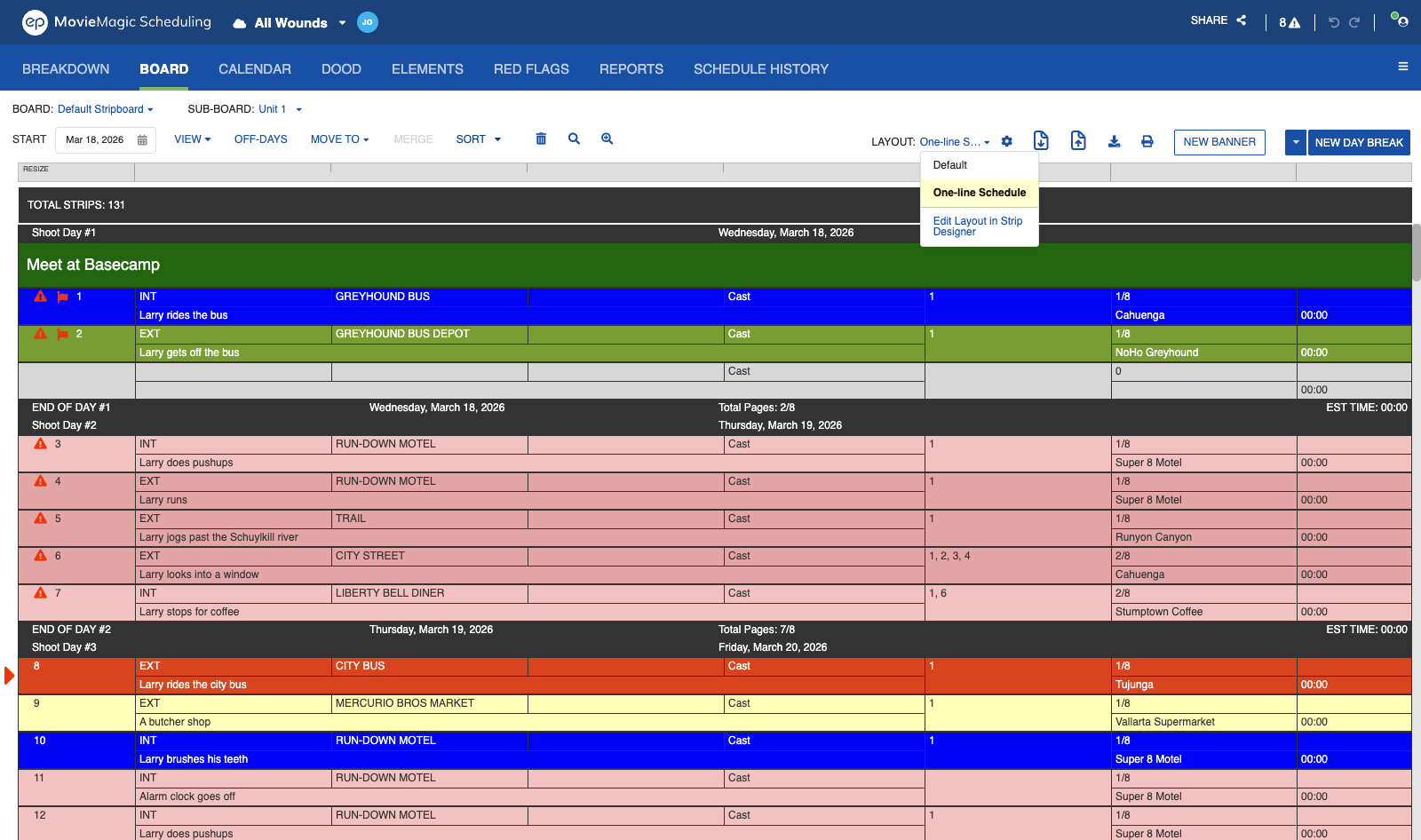Layout dropdown above the Board feeding the One-line Schedule report