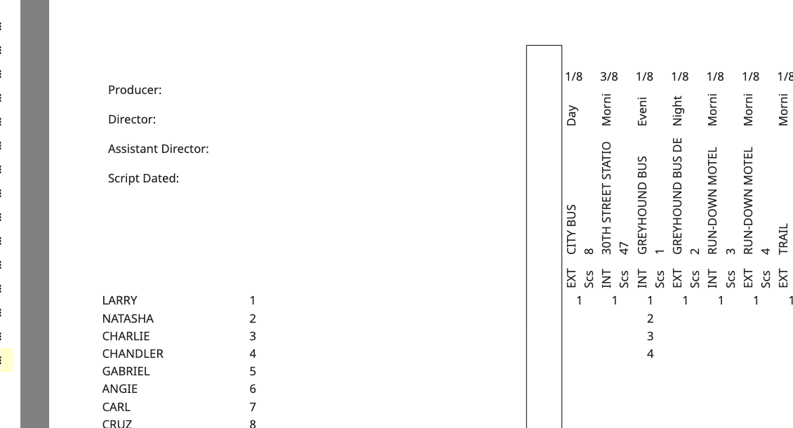 One-Line Vertical report with cover page showing the cast ID grid and production information