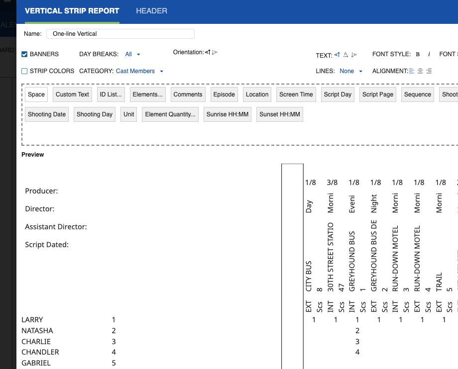 Vertical strip designer showing the upper section with fields above the Cast ID Block