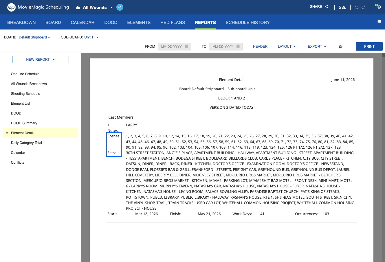 Element Detail report with Built-in Category fields such as Scenes and Sets populated