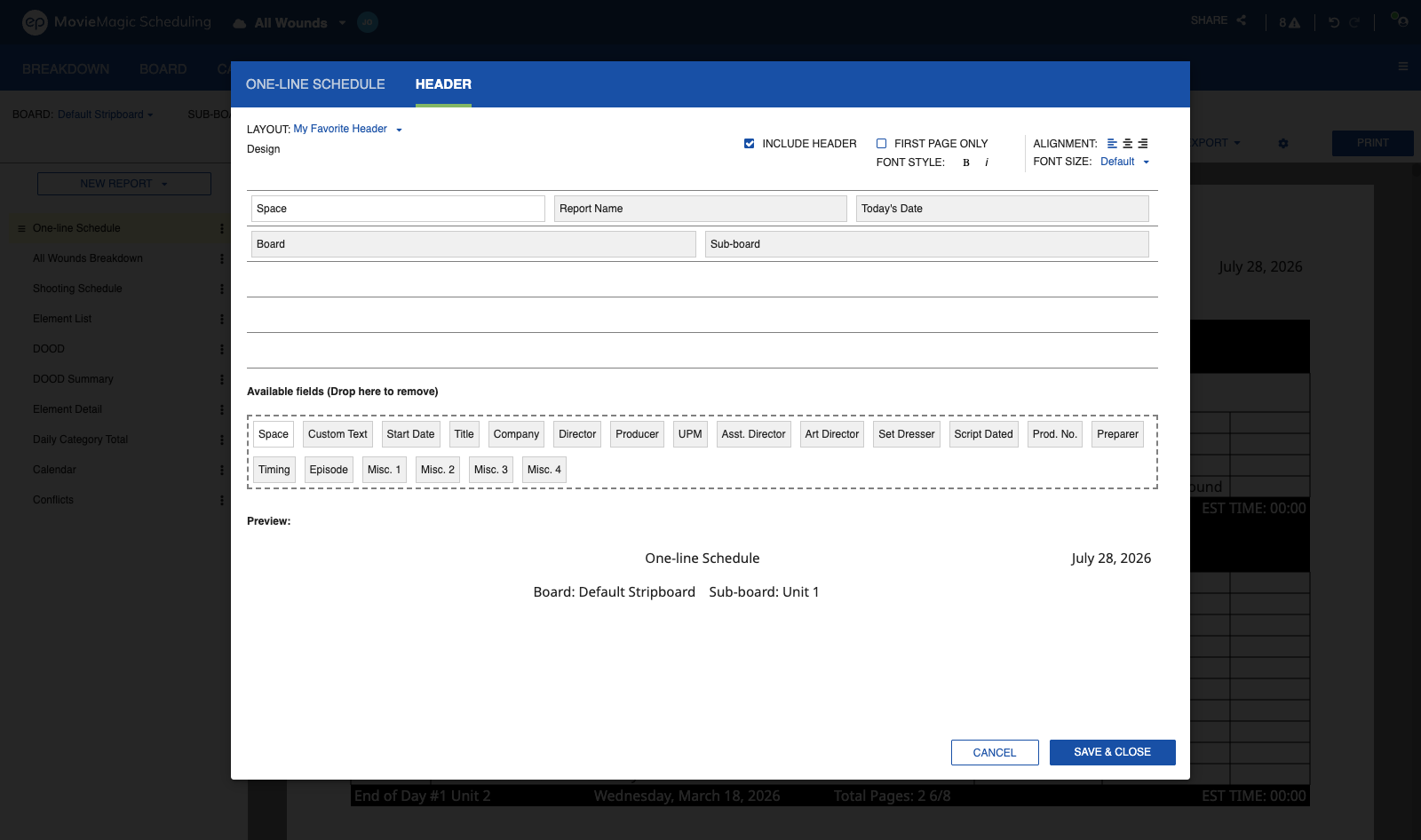 Header Designer with the list of saved header layouts