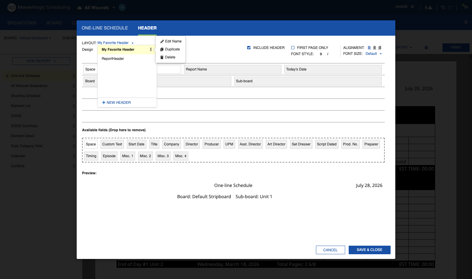 Header Layout dropdown on the report view