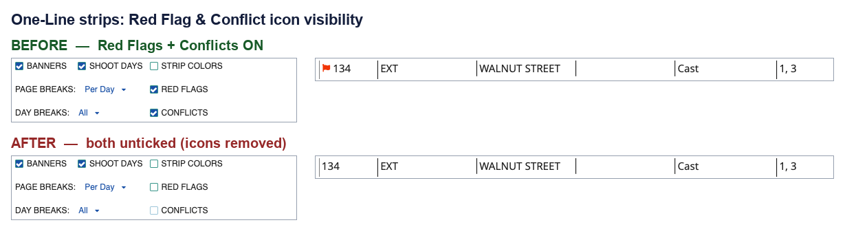 One-line Schedule layout duplicated, with Red Flags and Conflicts unticked below STRIP COLORS and the preview updated