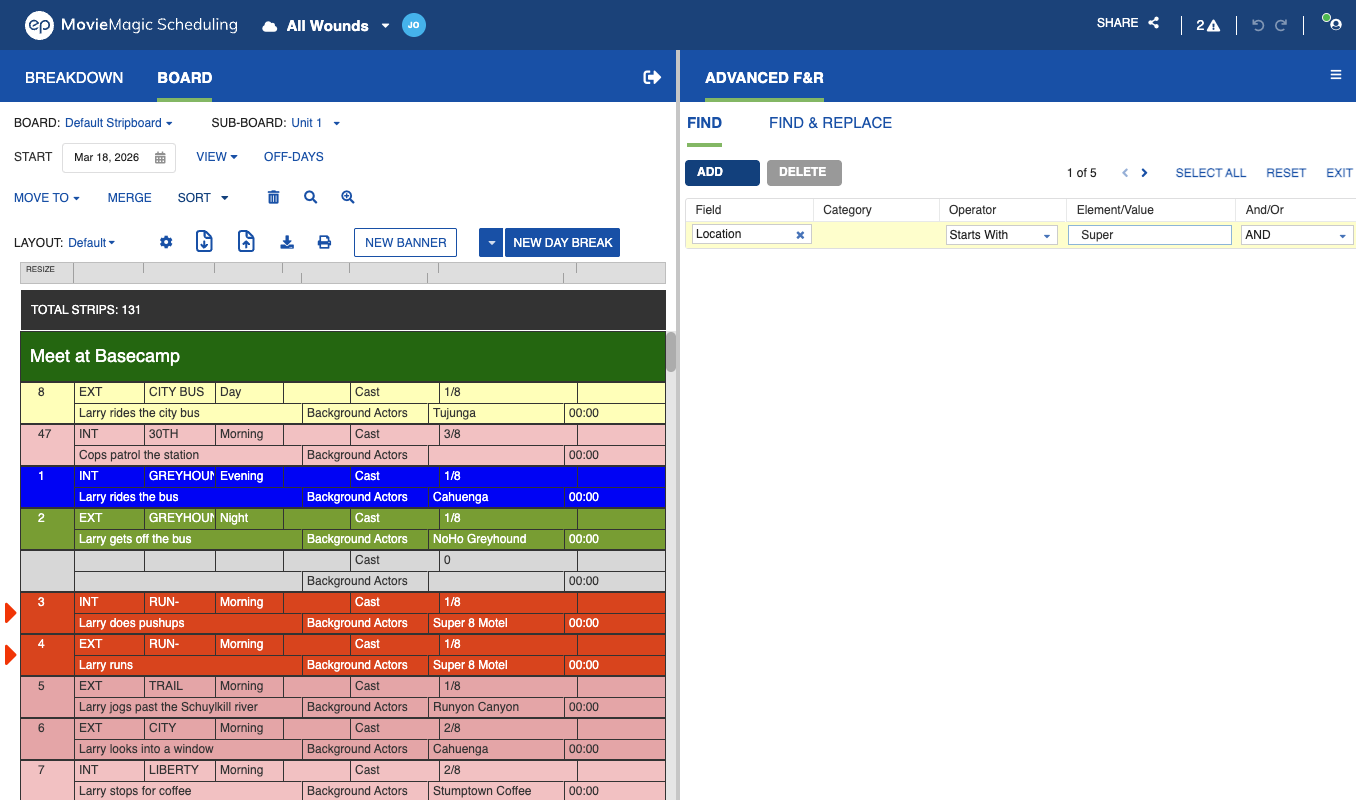 Advanced Find and Replace with Location and Starts With selected, Stage entered, and the matching strips returned